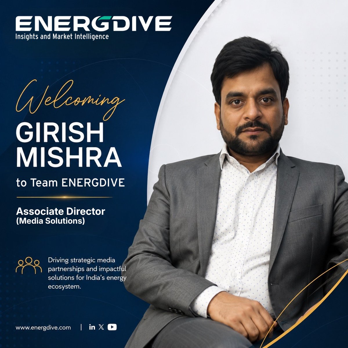 energdive's tweet photo. We're excited to welcome Girish Mishra to ENERGDIVE as Associate Director – Media Solutions. With over 14 years of experience, he joins us to strengthen our industry presence and drive the next phase of growth. Welcome aboard, Girish!
#ENERGDIVE #TeamUpdate https://t.co/dJVYVS9WJP