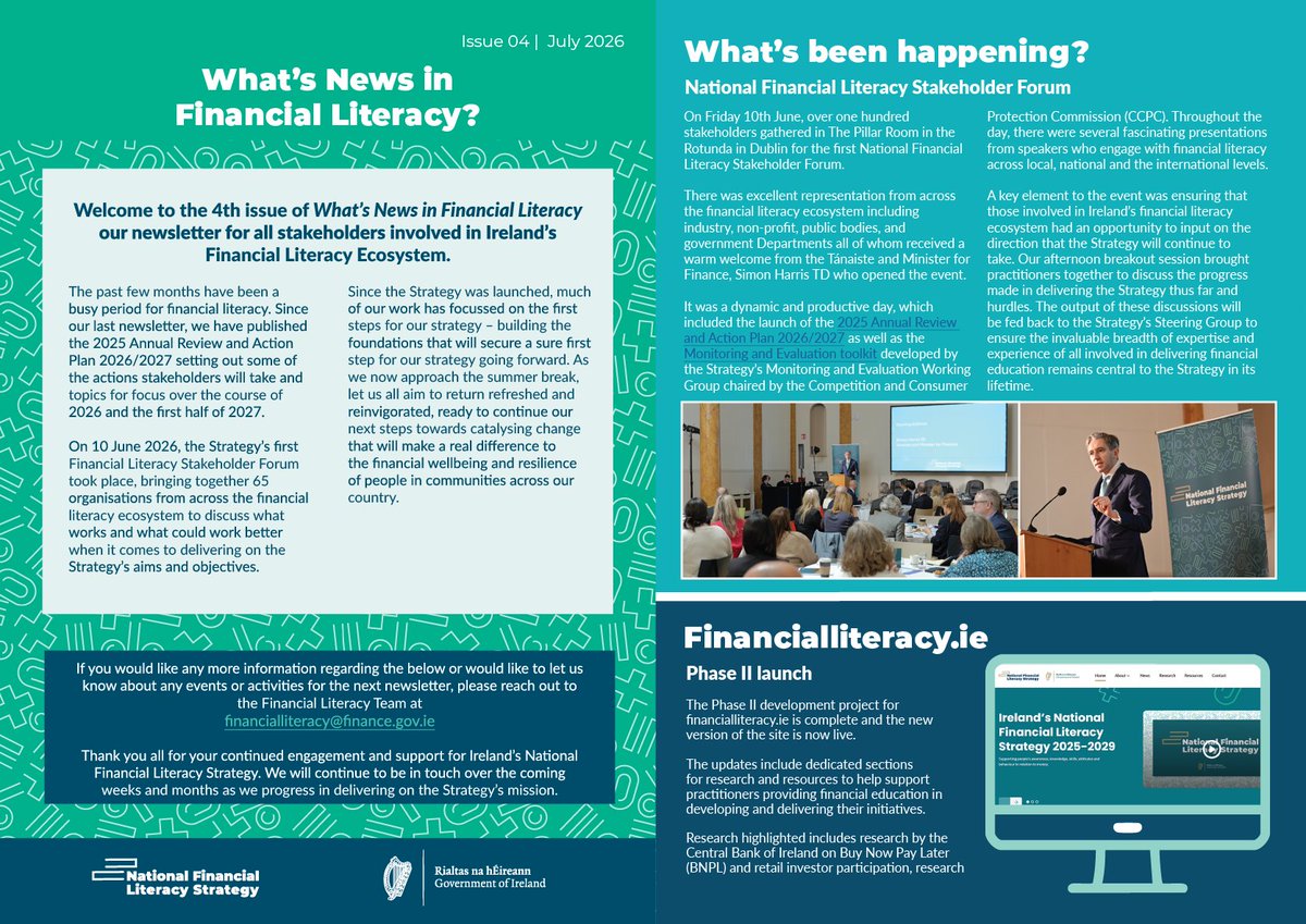 IRLDeptFinance's tweet photo. 📰 The fourth edition of What's News in Financial Literacy? is out now.

Find out more about the latest updates and initiatives under the National Financial Literacy Strategy: https://t.co/RnMTyYdb4G https://t.co/a813iejFLR