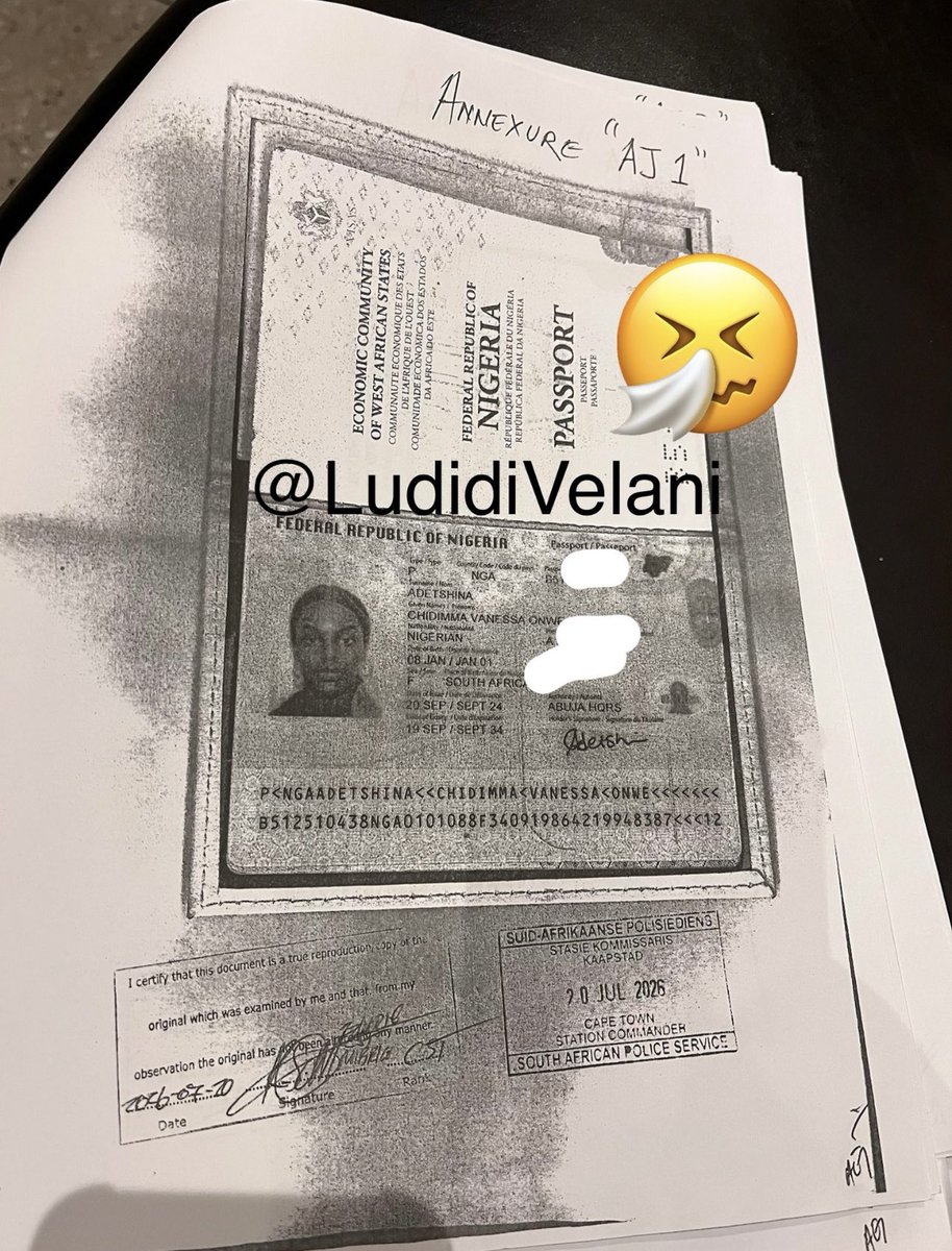 MsansiTea's tweet photo. Home Affairs has dropped a bombshell in court: a copy of Chidimma Adetshina’s Nigerian passport, proving she has a country to return to if deported from South Africa. Officials argue the document, mirrored by her child’s passport, seals the case that she is not stateless and can be sent home. 😳