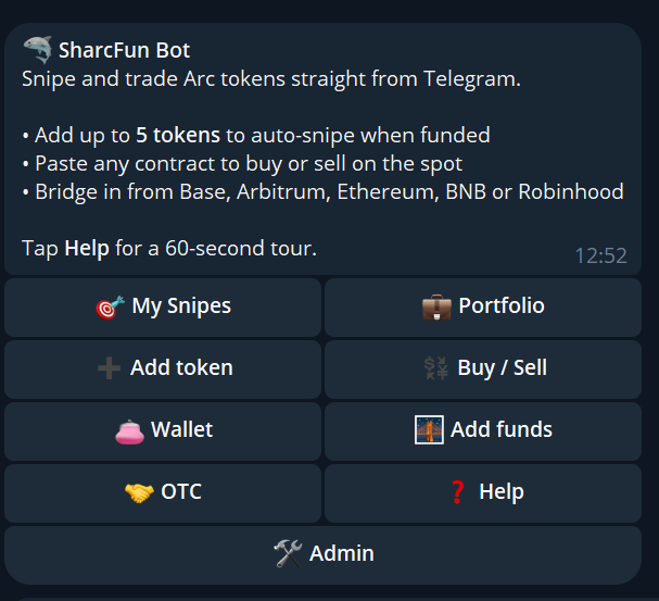 SharcFun's tweet photo. arc usdc OTC is now in the bot

escrow holds it, you set the rate, buyer pays from any chain.

Bot: https://t.co/A5LNhRjjzA https://t.co/G50u5bFBPJ