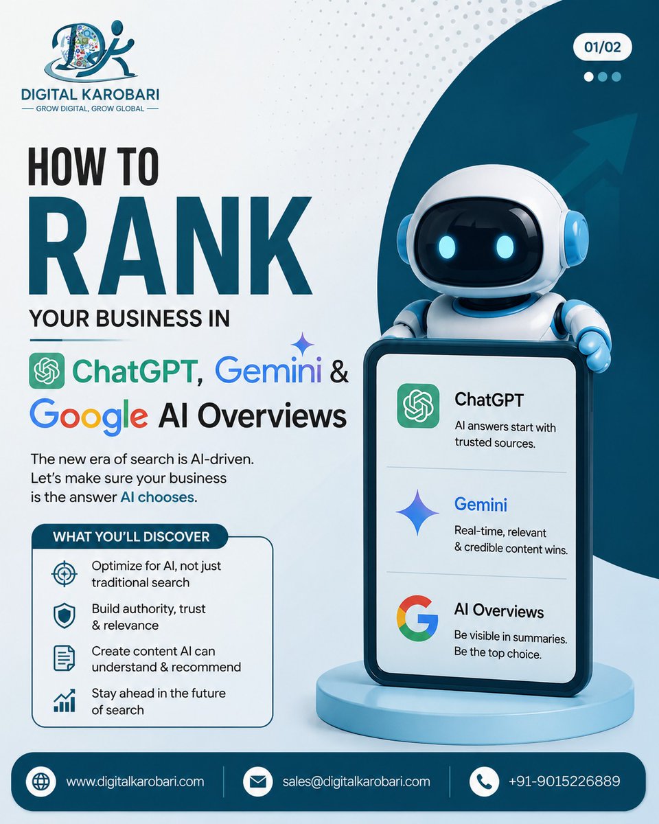 DigitalKarobari's tweet photo. How to Rank Your Business in ChatGPT, Gemini &amp; Google AI Overviews
#DigitalKarobari #AISEO #AEO #GEO #ChatGPTSEO #GeminiSEO #GoogleAIOverviews #AnswerEngineOptimization #GenerativeEngineOptimization #AIVisibility #FutureOfSearch #SEO2026 #DigitalMarketing #ContentMarketing https://t.co/w8TIfMohrV