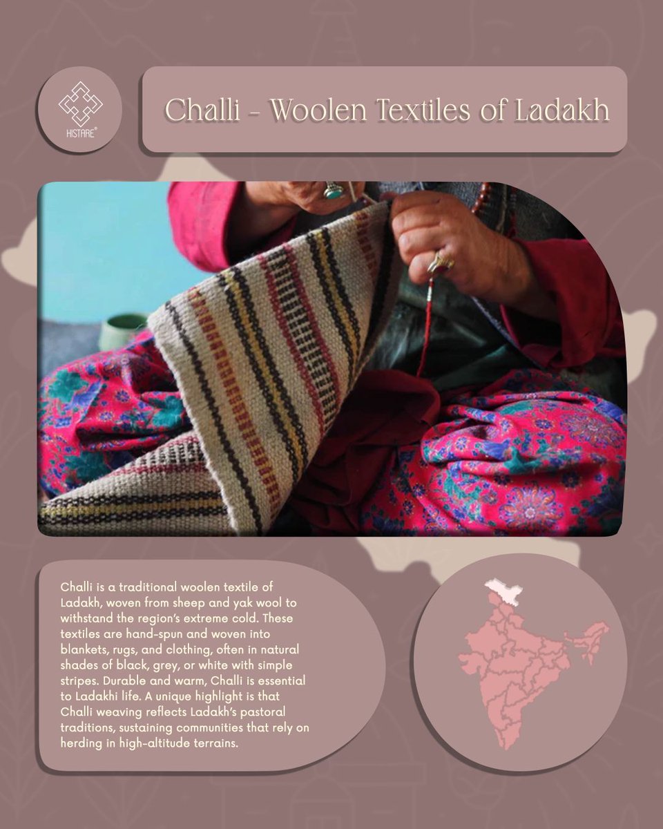 HistareConcepts's tweet photo. In Ladakh's harsh winters and open skies, Challi, hand-spun from sheep and yak wool, stands for endurance. Woven by generations, it shields against cold and holds herders' and weavers' stories. In its stripes lives a legacy of resilience and pride. 

#mountains https://t.co/l9tAwaGh9p
