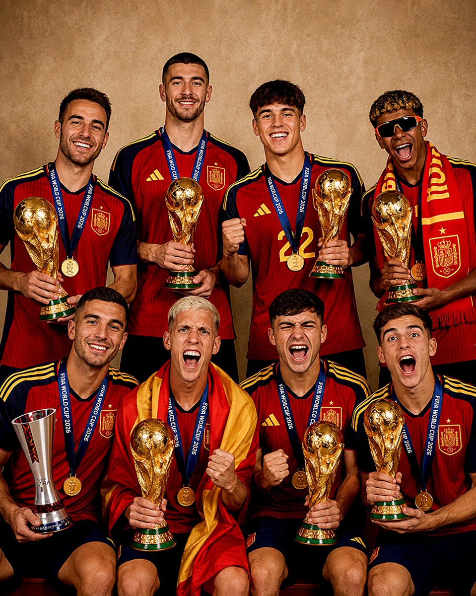 Mosharof221's tweet photo. The eight Barcelona players with the World Cup 🔥🔥 https://t.co/riCmxKpl4Z