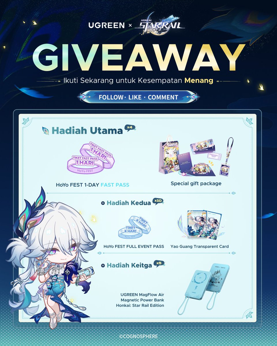 UGREENIndonesia's tweet photo. 🌟 Trailblazer, giveaway yang kamu tunggu akhirnya hadir! 🌟

Ikuti Giveaway UGREEN × Honkai: Star Rail dan menangkan HoYo FEST Pass eksklusif, koleksi edisi terbatas hasil kolaborasi, serta berbagai hadiah menarik lainnya! ✨

🎁 Prize Pool

🥇 Hadiah Utama (4 pemenang)
HoYo FEST 1-Day Fast Pass (2 tiket untuk tanggal 1 Agustus atau 2 tiket untuk tanggal 2 Agustus) + Special Gift Package

🥈 Hadiah Kedua (10 pemenang)
HoYo FEST Full Event Pass + Yao Guang Transparent Card

🥉 Hadiah Ketiga (5 pemenang)
UGREEN MagFlow Air Power Bank – Edisi Honkai: Star Rail

💡 Cara Ikut
1️⃣Follow @ugreen.id di Instagram, Ugreen Indonesia di Facebook, dan @UGREENIndonesia di X.
2️⃣Like postingan ini ❤ lalu spill di komen:
💬 Produk kolaborasi UGREEN × Honkai: Star Rail mana yang paling ingin kamu miliki, dan di mana kamu akan menggunakannya?
3️⃣Tag 3 teman yang juga ingin ikut giveaway ini! ✨

📅 Pengumuman Pemenang: 28 Juli 2026

✨ Akan ada 19 Trailblazer beruntung yang membawa pulang hadiah eksklusif ini!

Yuk, ikuti sekarang dan semoga keberuntungan berpihak padamu. Sampai jumpa di HoYo FEST! 🚄💚

#UGREENxHSR #UGREENxHonkaiStarRail #YaoGuang