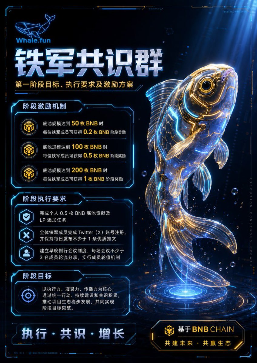 EnfinityAl89768's tweet photo. 小金鱼正式发布【百川计划】生态贡献持续激励机制 与【铁军共识群】第一阶段方案。 一人汇溪，众人成海 基于 BNB Chain，透明激励、链上记录、社区共治。 百川归海，共创未来。 详情见图。
@Judy17777
@Whale_FunAAAA
#小金鱼 #百川计划 
🐳https://t.co/bIdS2rWj84 https://t.co/CKSJR6hXDA
