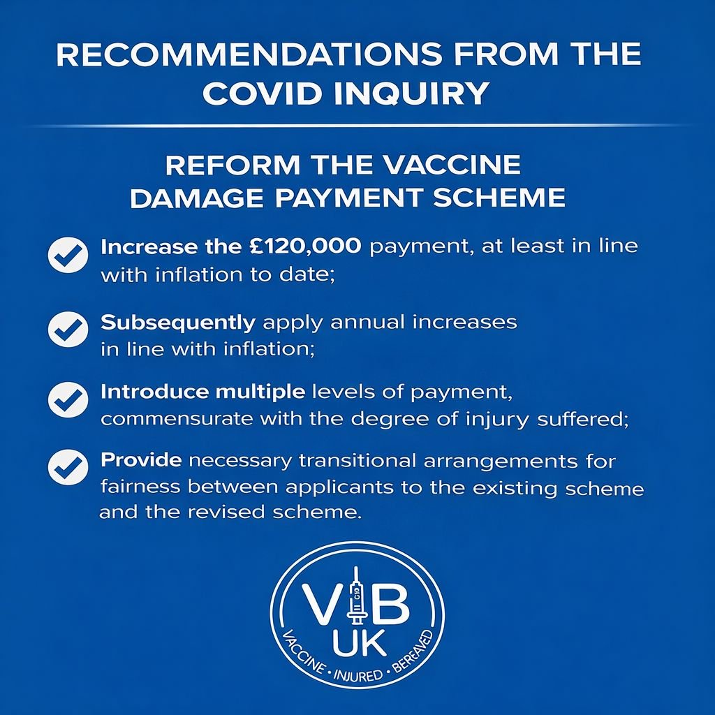 VIBUK_Official's tweet photo. Talk without action does not rebuild trust in public health. The recommendations in Module 4 of the COVID-19 Inquiry on the Vaccine Damage Payment Scheme must be implemented with fairness and urgency. Acting on these recommendations is essential to delivering justice for those affected and helping to restore public trust. 

@YvetteCooperMP 
@andyburnham 
@DHSCgovuk
@10DowningStreet 
@hmtreasury 

#VaccineInjury
#VaccineDeaths
#Justice 
#Support