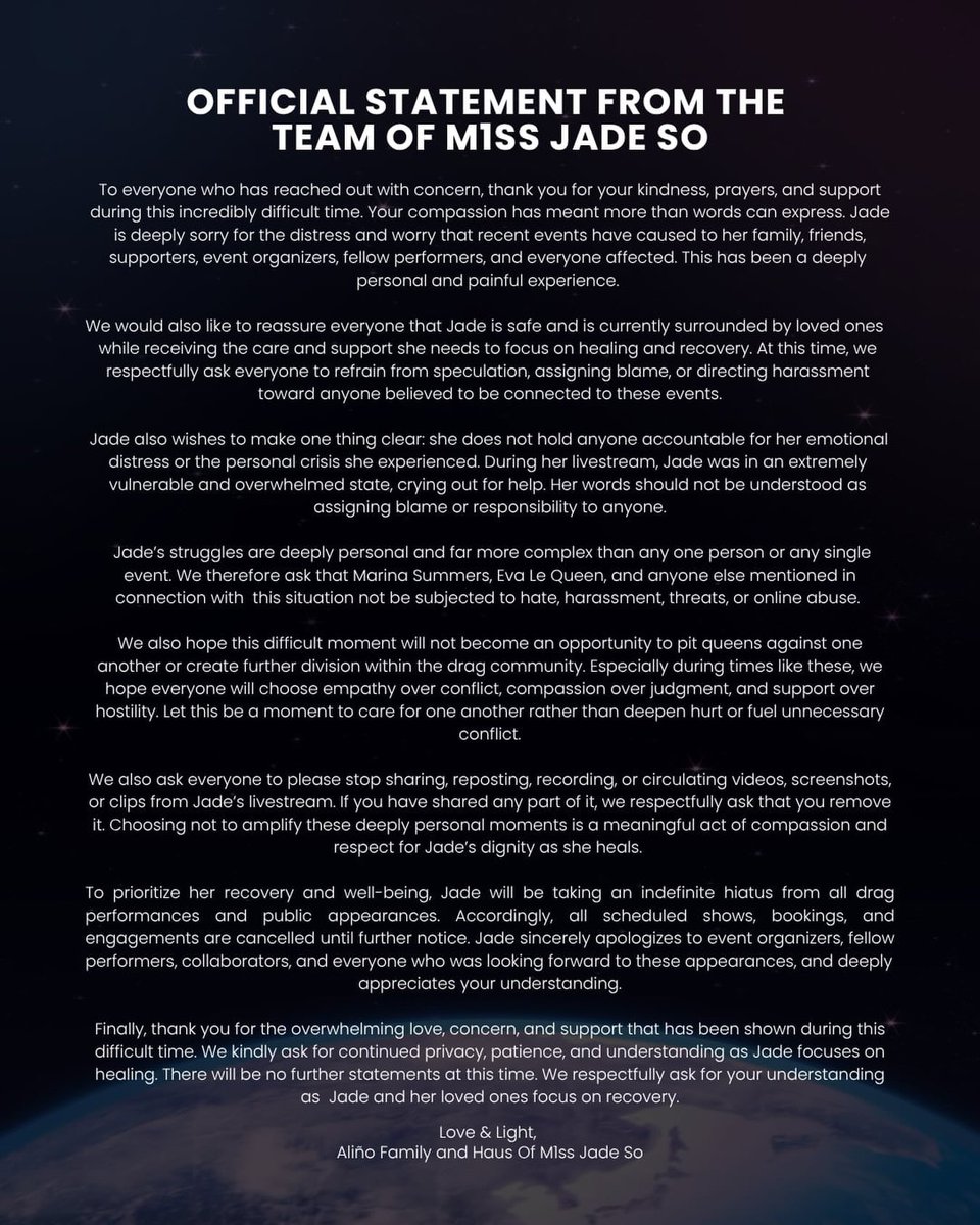 DragScenePH's tweet photo. The family and haus of M1ss Jade So released an Official Statement regarding last night’s incident. https://t.co/fxv2qR9utg