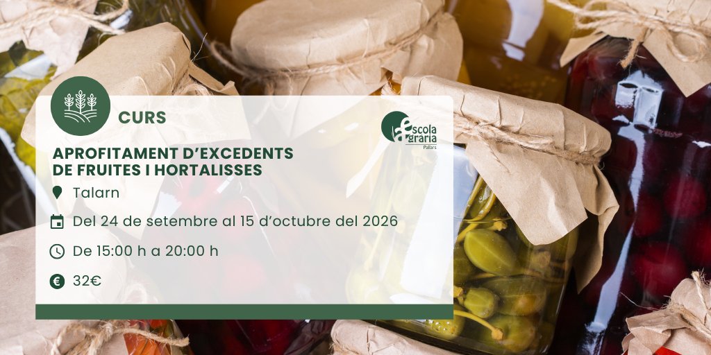 eapallars's tweet photo. Saps aprofitar els excedents de fruita i verdura? Del 24 de setembre al 15 d'octubre, l'Escola Agrària del Pallars forma en fermentació, deshidratació i conservació vegetal a Talarn. 
📍Més informació i inscripcions a: https://t.co/u2rHPlrGs9

#FormacióContínua #EscolesAgràries https://t.co/LqYTHwfEld