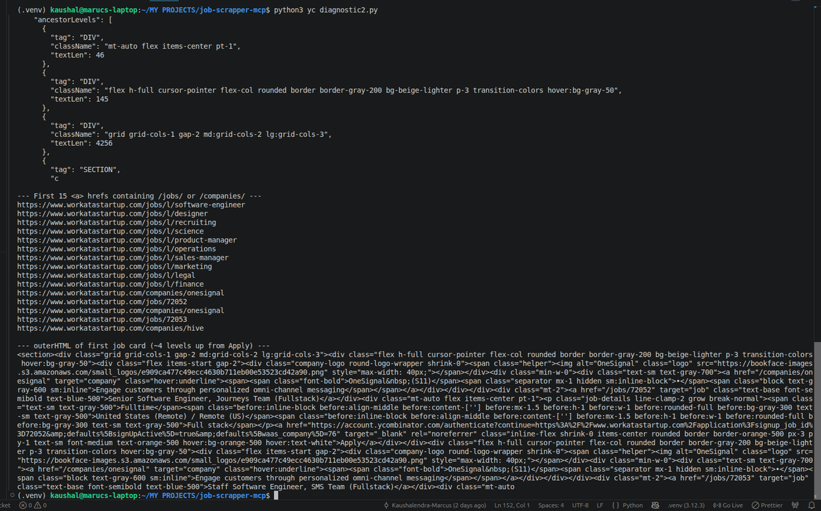 kaushalxcode's tweet photo. Turns out YC Jobs is much easier to scrape than I expected. The page is server-rendered, every job card is already in the HTML, and each card contains /companies/:slug, /jobs/:id, and an Apply link. Sometimes View Source beats hours of API hunting. https://t.co/OGNUATo1Kq