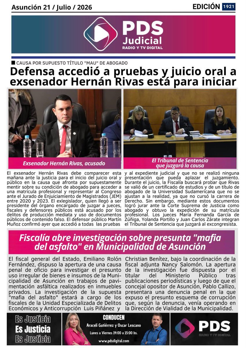 pds_radio's tweet photo. ¡Buen día!

Compartimos los principales títulos de la #PortadaDigitalPDS📰

Leé toda la información judicial en: 🔗https://t.co/lszpqKO0CQ

#PDSDigital https://t.co/aEnrsoelaI