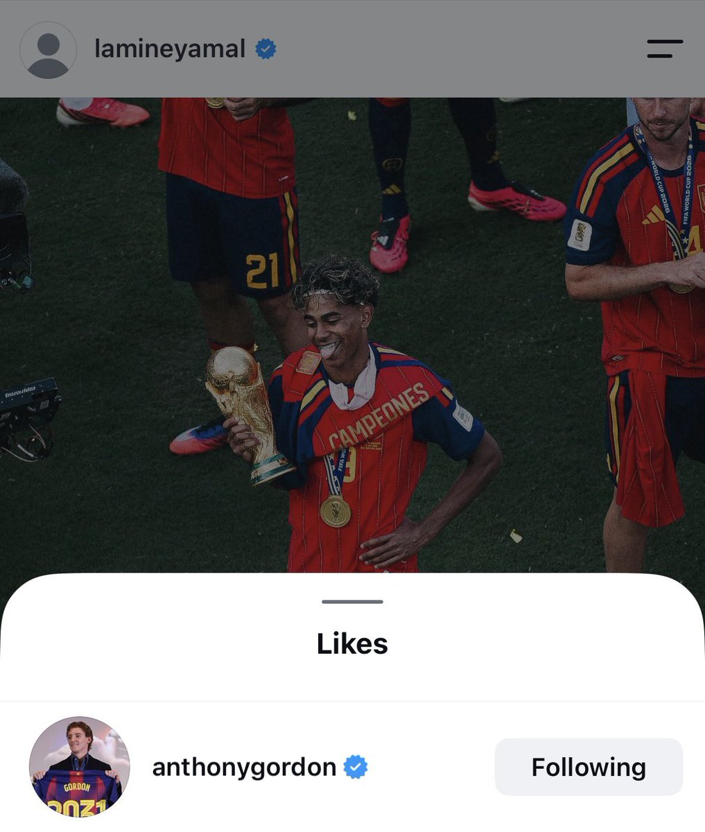 AccessYamal's tweet photo. 📲 | Anthony Gordon has liked Lamine Yamal’s post on IG: https://t.co/saVTmc6U5k