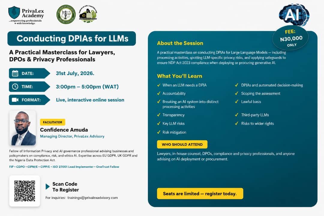 PrivaLexAcademy's tweet photo. Many organisations are rushing to adopt AI. But here's the real question: Have you assessed the privacy risks before deployment?

Join our master class on Conducting DPIAs for Large Language Models.
Date:  31 July
Register now 👉 https://t.co/BCGcuCcUuv

#Privacy #DataProtection https://t.co/iKLvTQ8nKn