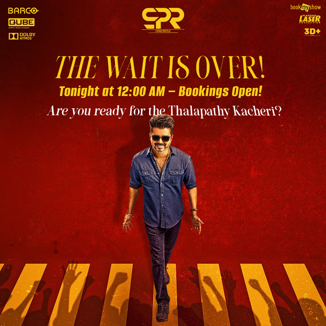SPRcinecastle's tweet photo. ## 🎬🔥 *THE WAIT IS OVER!* 🔥🎬

*Tonight at 12:00 A.M. – Bookings Open!* ⏰🎟️
The celebration begins... Are you ready for the *Thalapathy Kacheri*? ❤️🔥

Get ready to witness the biggest cinematic celebration on the big screen! Gather your gang, set your alarms, and be the first to grab your seats. The countdown ends tonight! 💥🍿

📍 *Book your tickets at SPR Cinecastle* and be part of the celebration! ❤️🎬

#ThalapathyKacheri #BookingOpenTonight #12AMBookings #BookNow #CinemaCelebration #FirstDayFirstShow #FDFS #MovieTime #BigScreenExperience #ThalapathyFans #TamilCinema #TheWaitIsOver #SPRCinecastle 🎟️🍿🔥👑❤️