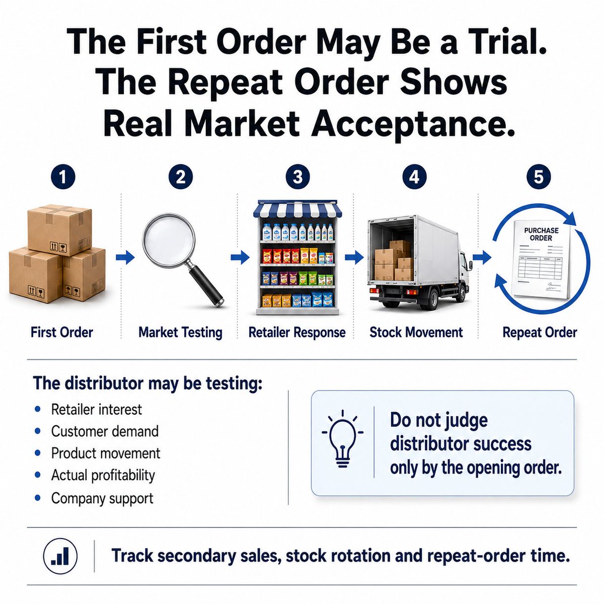 DistribDekho's tweet photo. The first order may only be a market test.

The real signal is the repeat order.

Track secondary sales, stock rotation, and repeat-order time not just the opening dispatch.

#DistributorNetwork #SecondarySales #Manufacturers https://t.co/yVSbruLF2h