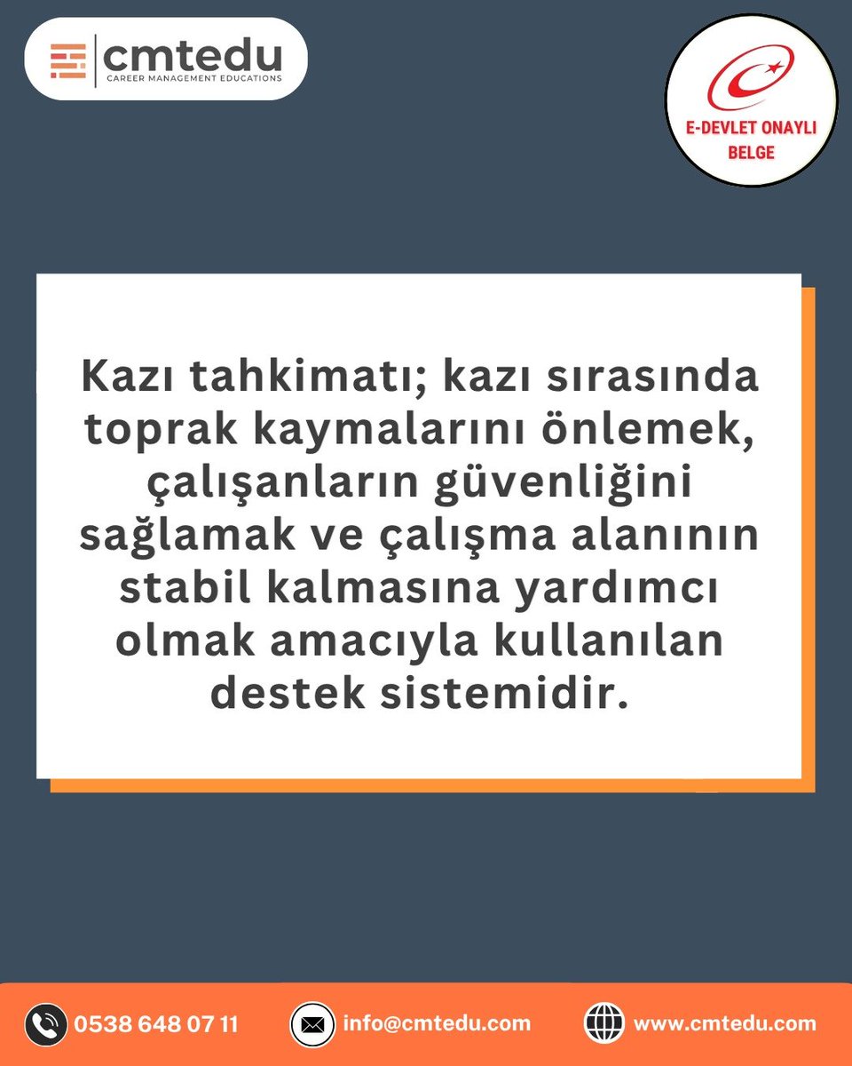 cmtedusoft's tweet photo. Tehlikeli ve Çok Tehlikeli İşlerde Kazı Tahkimat Söküm İşleri Eğitimi ile kazı alanlarında güvenli çalışma, tahkimat sistemleri ve #İşSağlığıGüvenliği konularında bilgi sahibi olup #EDevletOnaylıSertifika alırsınız.

Detaylı bilgi için;
https://t.co/KHEcxjbTV5 https://t.co/r0XH4RqCg3