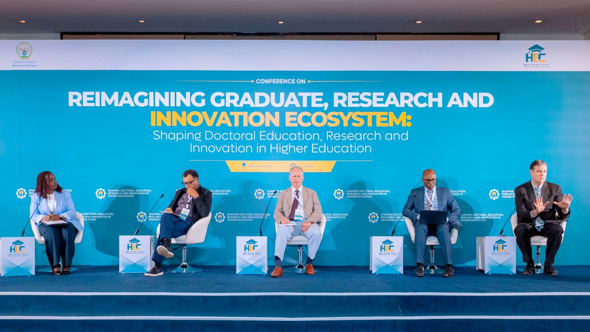 HEC_Rwanda's tweet photo. Panel discussion: Bridging Research Excellence, Global Competitiveness, and National Policy.

Panelists are exploring how Rwanda can strengthen doctoral education, align research with national priorities, deepen collaboration between academia, industry, and government, and build a globally competitive higher education system that drives innovation and sustainable socio-economic transformation.