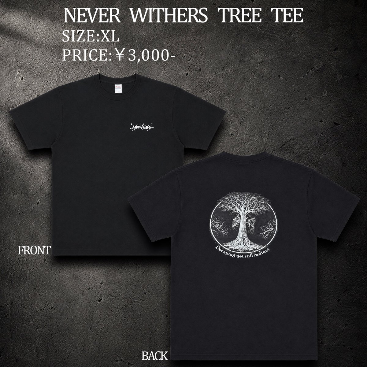 Antages_Japan's tweet photo. 【NEW MERCH】

・NEVER WITHERS TREE TEE

💰 Price：¥3,000
👕 Size：XL
　
明日のライブより販売開始‼️

2nd Single 「NEVER WITHERS TREE」 の世界観を落とし込んだTシャツ

ぜひ会場の物販でチェックしてください🔥

#Antages #アンテイジ https://t.co/f0pvJgGzh8