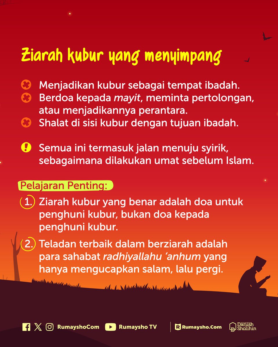 rumayshocom's tweet photo. Ziarah kubur adalah amalan yang disyariatkan dalam Islam. Tujuannya bukan untuk mencari berkah atau meminta pertolongan kepada penghuni kubur, tetapi untuk mendoakan mereka dan mengingat kematian sebagai nasihat bagi diri sendiri. https://t.co/HVbdZLuy5S