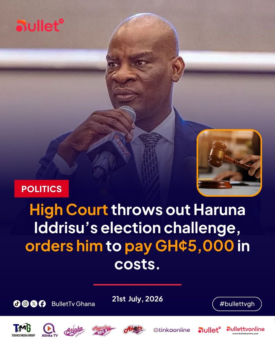 bullettvghana's tweet photo. BREAKING: High Court throws out Haruna Iddrisu’s election challenge and orders him to pay GH₵5,000 in legal costs.
#GhanaPolitics #HarunaIddrisu #HighCourtRuling #BulletTvGhana https://t.co/RcXxFVX4fT