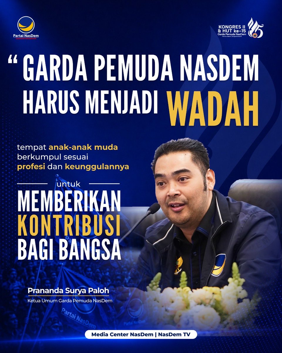 NasDem's tweet photo. Pemuda bukan hanya masa depan, tetapi kekuatan yang harus diberi ruang untuk berkarya hari ini.

Garda Pemuda NasDem hadir sebagai wadah bagi anak-anak muda dari berbagai profesi dan keunggulannya untuk berkumpul, berkolaborasi, serta memberikan kontribusi nyata bagi bangsa. https://t.co/qRToyYnXQk