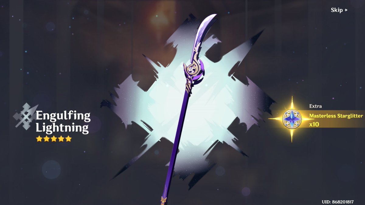 dearjaygyu's tweet photo. did one 10 pull and nag gold agad at 0 pity, talo nga lng pero it's my first ever sig weapon :3 https://t.co/7RR7RgJK0T