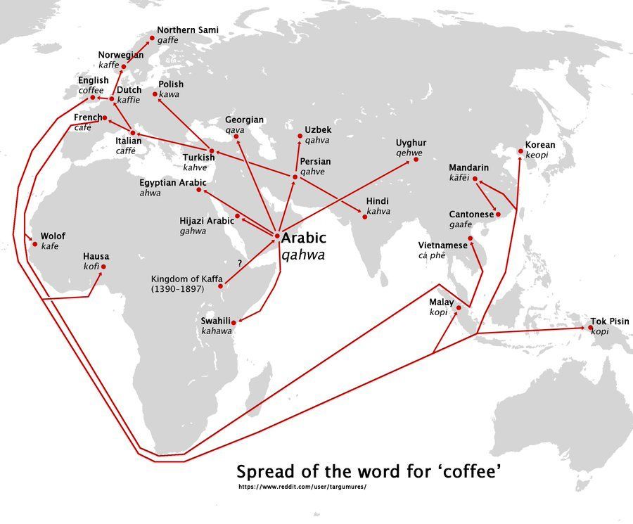 simongerman600's tweet photo. Map shows how the word for coffee traveled around the world. https://t.co/jRiqYgP4Ry