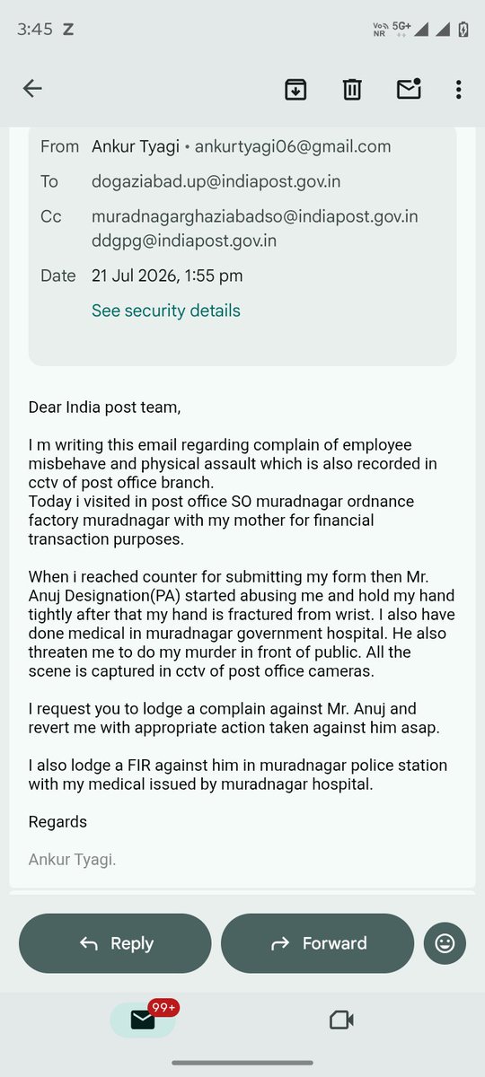 Rockwithankur's tweet photo. I m writing this regarding complaint of physical assault which is also recordcctv of post office branch.
Today i visited in post office SO muradnagar ordnance factory muradnagar with my mother for financial transaction purposes.
Mr. Anuj Designation(PA) started abusing me and... https://t.co/QHmJQFT91G