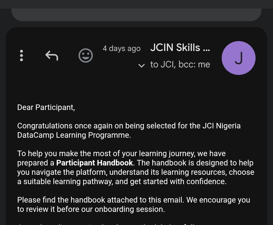Godsgiftcreates's tweet photo. I got in 🥳🤍
Grateful to be selected for the JCI Nigeria × DataCamp Learning Programme Scholarship.
This is a reminder that opportunities often begin with a simple application.Don't count yourself out before you even try. Keep learning, keep growing,and keep betting on yourself. https://t.co/peJcV7wbTR