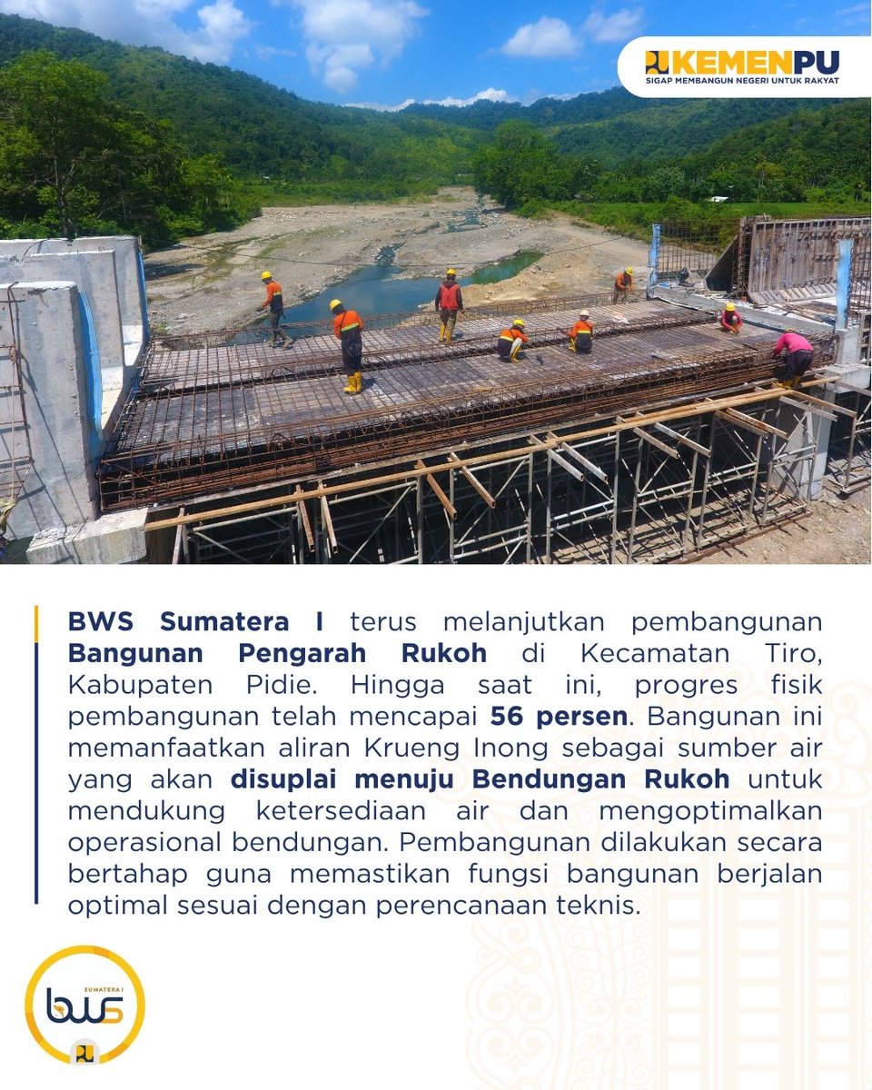 pu_sda_sum1's tweet photo. Progres terus bergerak! 💪
Pembangunan Bangunan Pengarah Rukoh di Kecamatan Tiro, Kabupaten Pidie kini telah mencapai 56%. Infrastruktur ini memanfaatkan aliran Krueng Inong untuk menyuplai air menuju Bendungan Rukoh, sehingga mendukung optimalisasi https://t.co/TUgOGLqCwi