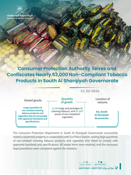 A statement from the Consumer Protection Authority dated July 21, 2026, regarding the seizure and confiscation of approximately 53,000 packages of tobacco products that do not conform to specifications in the state of Sur in the South Sharqiyah Governorate.