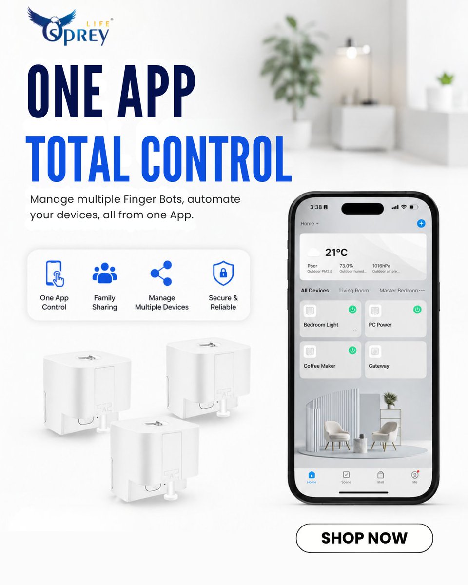flying_osprey's tweet photo. Control your entire smart home from one app!

Manage multiple Osprey Smart Finger Bots, create automation and control your devices anytime, anywhere. 🏡

✔ Control multiple devices
✔ Smart automations
✔ Family sharing
✔ Safe &amp; secure

🛒 Shop now
#SmartHome #HomeAutomation https://t.co/3vLS01Ccnh