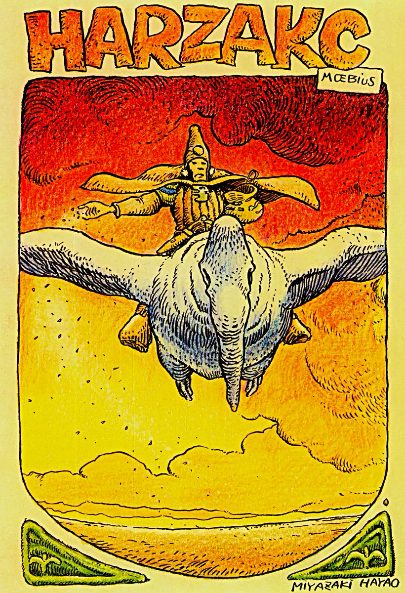 mantengorilla's tweet photo. 2012年に亡くなった、フランス漫画界の��匠メビウス氏と、宮崎駿監督は、長年に渡って親交がありました。画像3枚目が宮崎監督の描いたARZAKです。HARZAKCとあるのは、原作にもあった意味のない言葉遊びです。画像4枚目がメビウス氏の描いたナウシカです。メビウス氏の娘の名前はナウシカだそうです。 https://t.co/ykmkCOAKjl