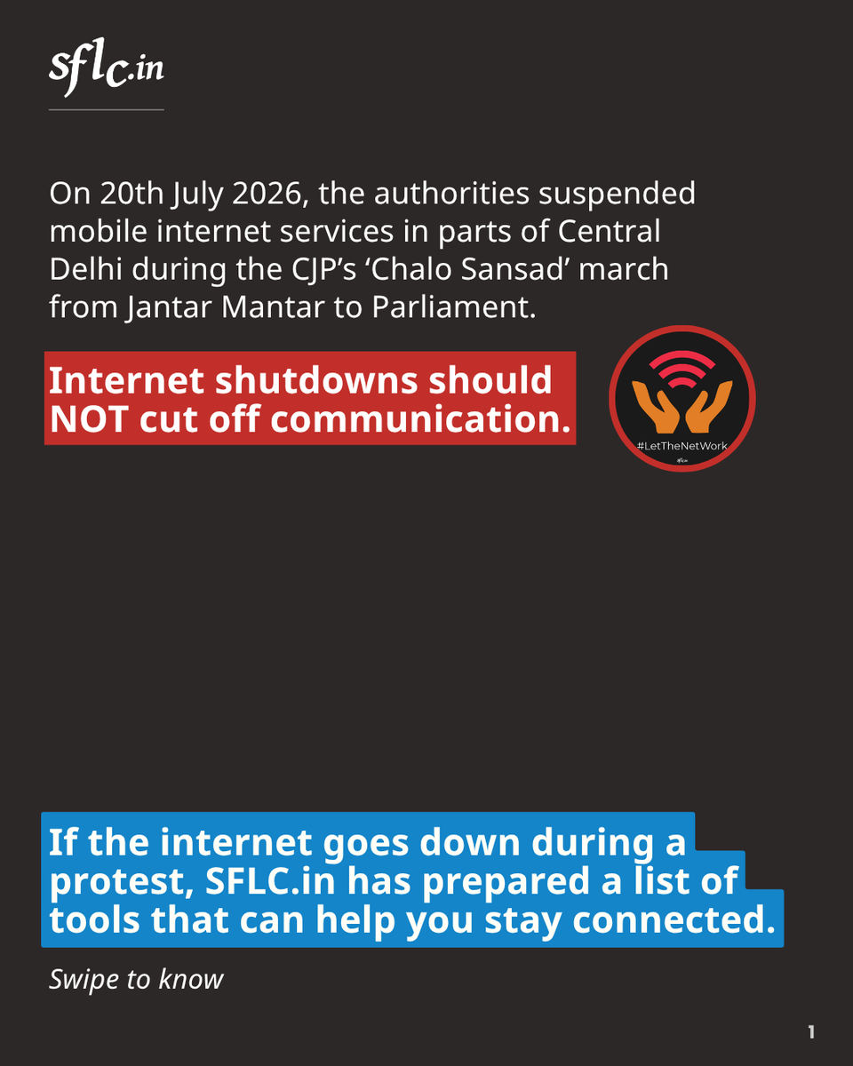 SFLCin's tweet photo. Internet shutdowns often disrupt access to information, emergency services, and the ability to stay connected with family, friends, and fellow protesters.
https://t.co/X7ipfsVLzu has listed some messaging platforms that can help you communicate with people nearby, even without an internet connection.
Check them out here π
#internetshutdown #LetTheNetWork #KeepInOn
@accessnow @SaketGokhale @AroonDeep @di_shawarma @Himansh10423434 @cookykoyalogy @vijaita @only_shans_ @iArpitSpeaks @RanaAyyub @Cockroachisback @KhabarLahariya @whattalawyer @SauravDassss @abhijeet_dipke @Smita_Sharma @MnshaP @ravish_journo @arvindgunasekar @vijaita @AroonDeep @nabilajamal_ @Benarasiyaa @voicesindians @NidhiSuresh_ @Nidhi @ranvijaylive @Article19_India @BhardwajAnanya @anishgawande @HelleLyngSvends @_YogendraYadav