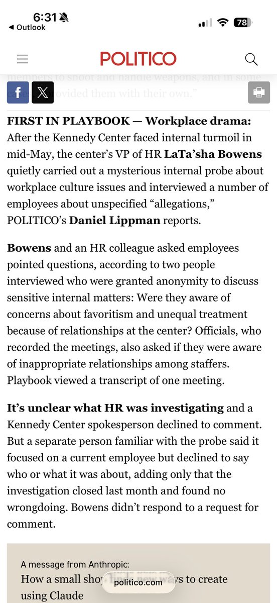 dlippman's tweet photo. SCOOP: After the Kennedy Center faced internal turmoil in mid-May, the center’s VP of HR LaTa’sha Bowens quietly carried out a mysterious internal probe about workplace culture issues and interviewed a number of employees about unspecified “allegations.” https://t.co/KpVsZtjklJ https://t.co/bRP16t2mRz