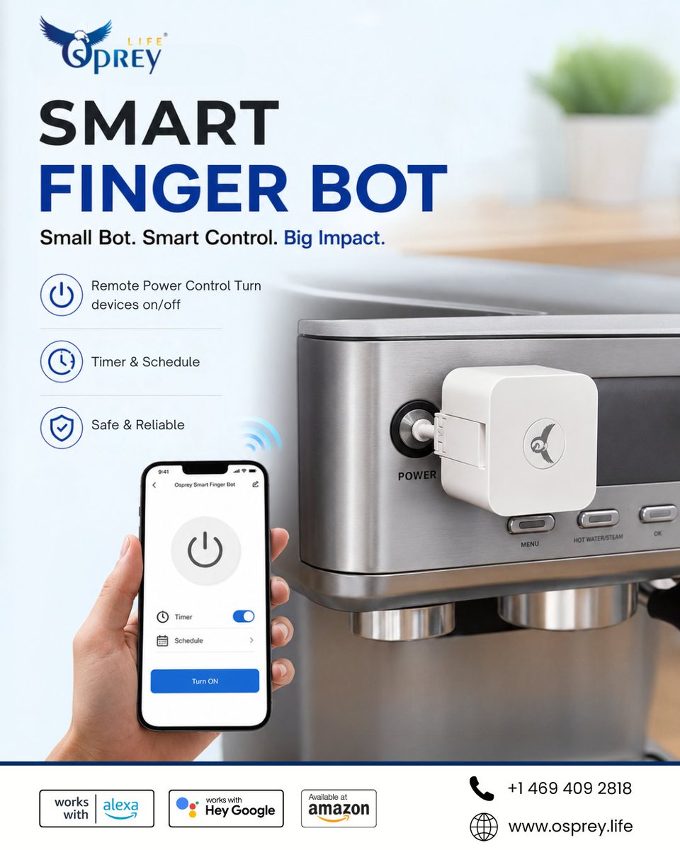 flying_osprey's tweet photo. Turn almost any button or switch into a smart device with the Osprey Smart Finger Bot.
Control devices remotely, set schedules, and use Alexa or Google Assistant for hands-free automation. 

🛒 Shop now and make everyday devices smarter!

#SmartHome #HomeAutomation #SmartLiving https://t.co/SypzTna2sb