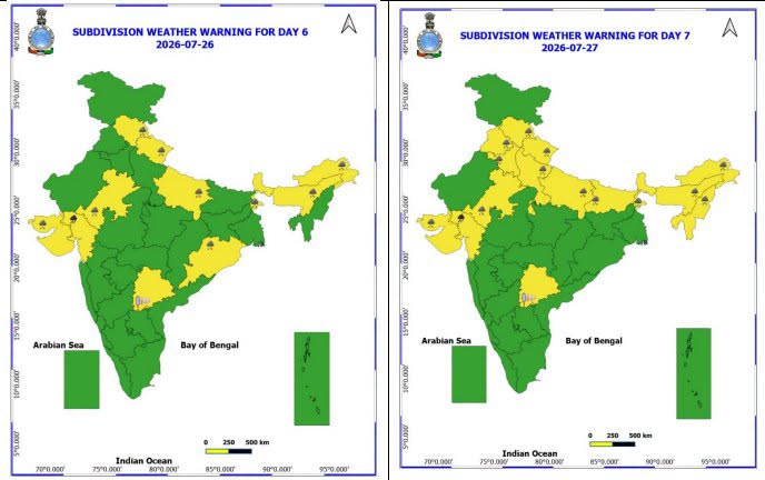 Indiametdept's tweet photo. (i) Active Monsoon Conditions likely over central & adjoining north peninsular India, east and northeast India
during next 3-4 days.
(ii) Isolated heavy to very heavy rainfall at few places with extremely heavy rainfall likely at isolated places
over Jammu-Kashmir-Ladakh, Himachal Pradesh on 21st; over Gujarat Region on 21st & 22nd and over
Madhya Maharashtra on 22nd July.
(iii) Subdued rainfall activity likely to continue over south Peninsular India during next 7 days.