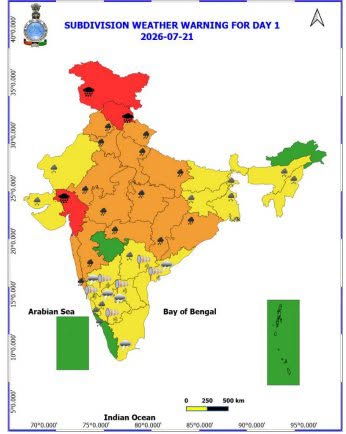Indiametdept's tweet photo. (i) Active Monsoon Conditions likely over central & adjoining north peninsular India, east and northeast India
during next 3-4 days.
(ii) Isolated heavy to very heavy rainfall at few places with extremely heavy rainfall likely at isolated places
over Jammu-Kashmir-Ladakh, Himachal Pradesh on 21st; over Gujarat Region on 21st & 22nd and over
Madhya Maharashtra on 22nd July.
(iii) Subdued rainfall activity likely to continue over south Peninsular India during next 7 days.