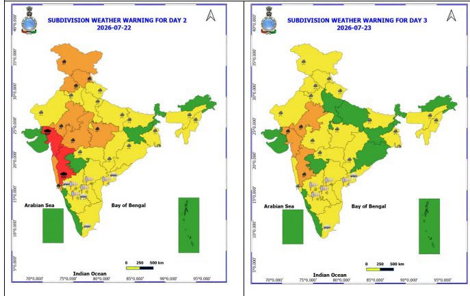 Indiametdept's tweet photo. (i) Active Monsoon Conditions likely over central & adjoining north peninsular India, east and northeast India
during next 3-4 days.
(ii) Isolated heavy to very heavy rainfall at few places with extremely heavy rainfall likely at isolated places
over Jammu-Kashmir-Ladakh, Himachal Pradesh on 21st; over Gujarat Region on 21st & 22nd and over
Madhya Maharashtra on 22nd July.
(iii) Subdued rainfall activity likely to continue over south Peninsular India during next 7 days.