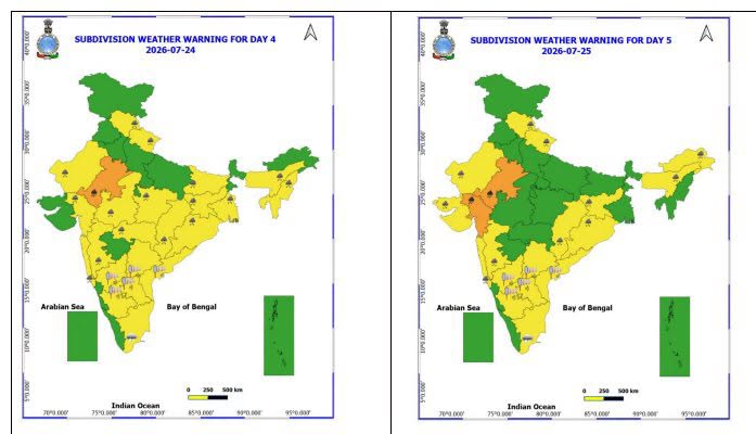 Indiametdept's tweet photo. (i) Active Monsoon Conditions likely over central & adjoining north peninsular India, east and northeast India
during next 3-4 days.
(ii) Isolated heavy to very heavy rainfall at few places with extremely heavy rainfall likely at isolated places
over Jammu-Kashmir-Ladakh, Himachal Pradesh on 21st; over Gujarat Region on 21st & 22nd and over
Madhya Maharashtra on 22nd July.
(iii) Subdued rainfall activity likely to continue over south Peninsular India during next 7 days.
