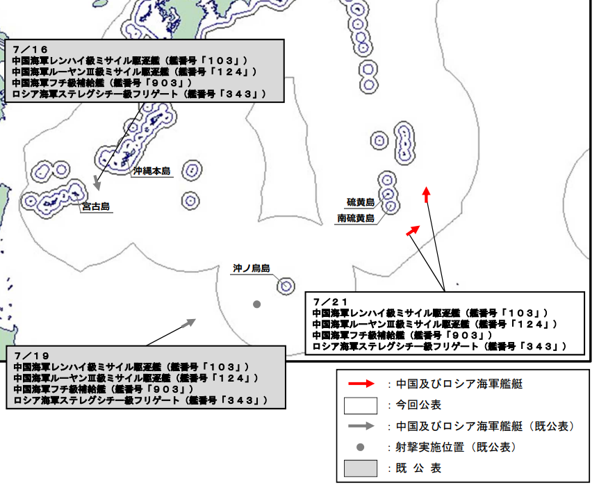 jointstaffpa's tweet photo. 令和８年７月２１日、中国海軍レンハイ級ミサイル駆逐艦、ルーヤンⅢ級ミサイル駆逐艦、フチ級補給艦及びロシア海軍ステレグシチー級フリゲートの計４隻が、南硫黄島の南東の海域を北東進した後、硫黄島の東の海域を北進したことを確認しました。
防衛省・自衛隊は、海上自衛隊の第２水上戦隊所属「さみだれ」（呉）により、警戒監視・情報収集を行いました。