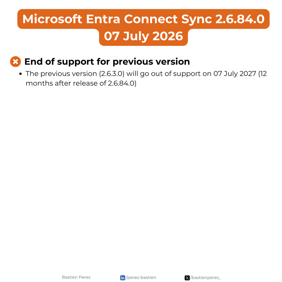bastienperez_'s tweet photo. 🔁 Microsoft Entra Connect (Azure AD Connect) version 2.6.84.0 is now available

Everything you need to know is in the carousel below.

Microsoft Entra Connect Sync is no longer available from the Microsoft Download Center. The .msi installation file must now be downloaded from the Microsoft Entra admin center:

entra[.]microsoft[.]com > Identity > Hybrid Management > Microsoft Entra Connect > Connect Sync > Get started > Manage tab

🚨 Mandatory upgrade before September 30, 2026 if running a version earlier than 2.5.79.0

The release of Microsoft Entra Connect Sync 2.6.84.0 is also a good opportunity to check your current version.

If your server is running a version earlier than 2.5.79.0, all synchronization services will stop working from September 30, 2026, until Microsoft Entra Connect Sync is upgraded.

This deadline is related to a back-end service change introduced with version 2.5.79.0 to strengthen the security of Microsoft Entra Connect Sync.