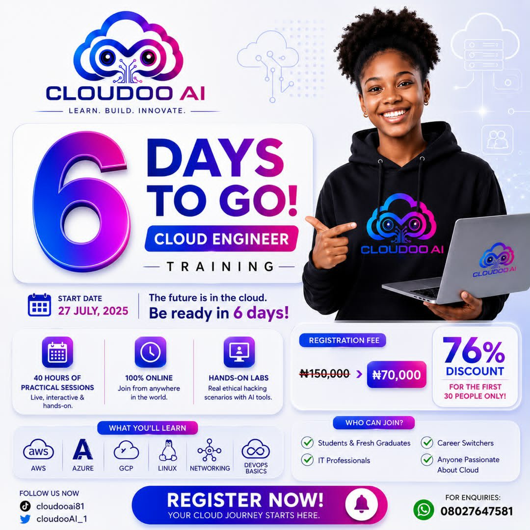 CloudooAI_1's tweet photo. 🚨 Reminder! Reminder!! Reminder!!! 🚨

Like we’ve been saying, we now have just a few days left before we kick off the Cloud Engineer Program – Batch 10. ☁️🚀

Interested candidates should contact Mr. Samuel Osunsanya on WhatsApp:
📱 08118471402
Mr Daniel 
08086292536 #cloud https://t.co/iokInFtSeP