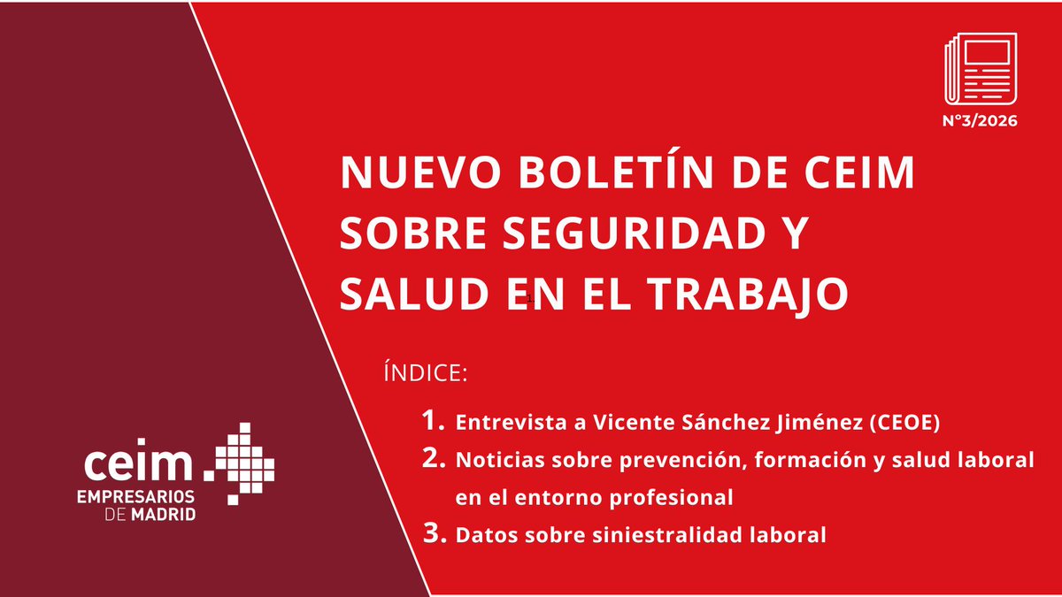 _CEIM_'s tweet photo. 📕 ¡Nuevo #BoletínPRL de @_CEIM_! 

✔️ Entrevista con Vicente Sánchez Jiménez, asesor #PRL de @CEOE_ES 
✔️ Noticias sobre prevención, formación o salud laboral
✔️ Últimos datos sobre siniestralidad laboral

🔗No te lo pierdas ➡️ https://t.co/2jUrLt5qsf https://t.co/6ffFwrPIWK