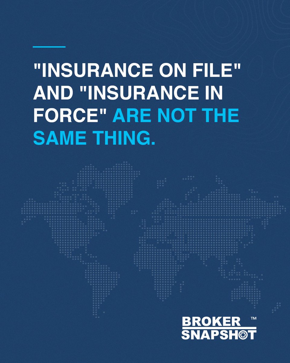 BrokerSnapshot's tweet photo. "Insurance on file" sounds like a safety net. It isn't the same thing as insurance in force.

On file means a policy existed when the carrier signed on. In force means it's active today. Policies lapse in between, and that gap becomes the broker's problem if nobody caught it.

Check the effective date, the carrier name, and the coverage amount. Every load, not just the first one.

See live status, not a cached record, at https://t.co/48IRB70euj

#FreightFraud #CarrierVetting #Logistics #BrokerSnapshot