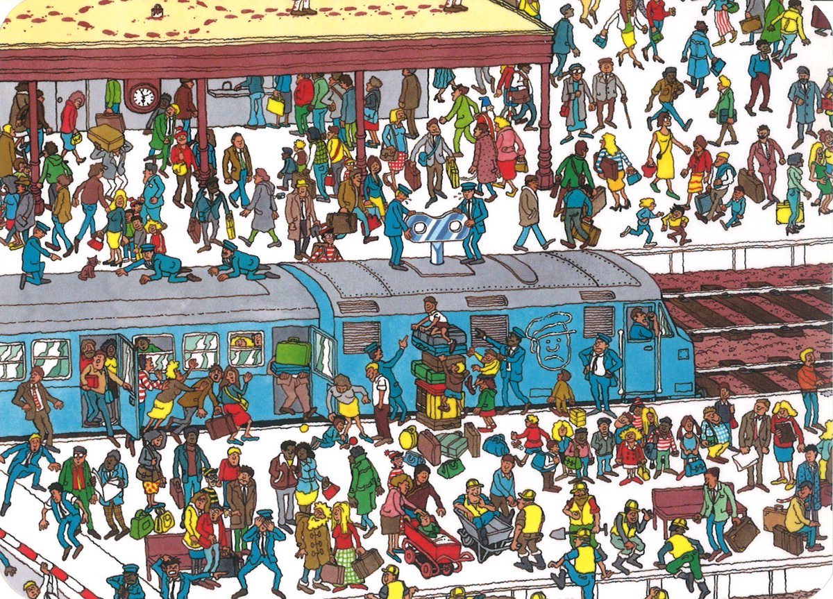 haru_helloo's tweet photo. Where’s Wally? postcard from the US🇺🇸

CHECKLIST: THE RAILWAY STATION
□ Three men wearing green suits 
□ A cat rescue 
□ A baby in a pram

Try to find them! 👀

#postcrossing #ポスクロ https://t.co/sDckVb3Jci