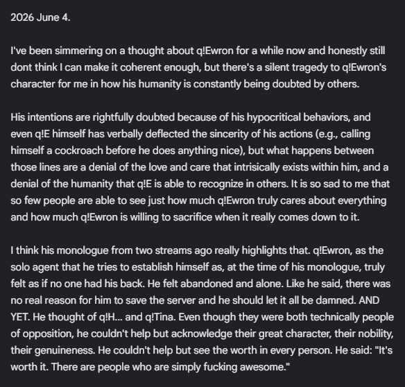 senlimited's tweet photo. probably one of my favorite monologues by qewron of all time that rly helped me characterize who he is as a person when i first watched it. i ended up finding this abandoned note i wrote a few streams after that day and its crazy to see how its even more relevant a month later https://t.co/Y9fjqqseJb