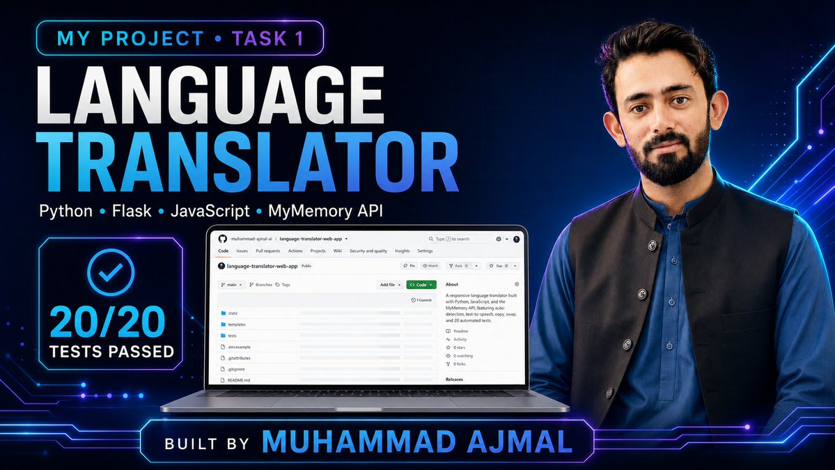 MuhammadAjmalAI's tweet photo. A responsive Language Translator built with Python, Flask, JavaScript &amp; the MyMemory API. 🌍

Auto-detect, copy, listen, swap and clear included. 20/20 tests passed.

Code: https://t.co/IXRvYH928L

#Python #Flask https://t.co/pCpfYHBdkk