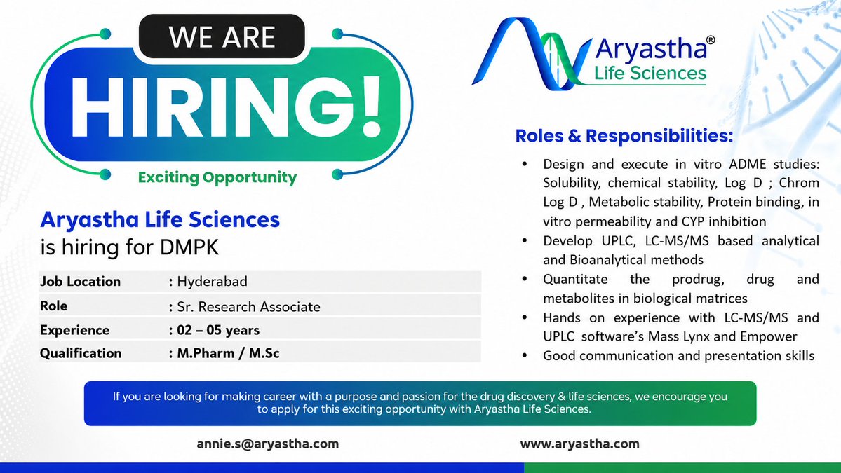 AryasthaLS's tweet photo. ๐จ We're Hiring at Aryastha Life Sciences!
We're looking for a Sr. Research Associate โ I to join our team in Hyderabad.
๐ฉ Apply: annie.s@aryastha.com
๐ https://t.co/6GikCP0LBK
#Hiring #HyderabadJobs #LifeSciences #ResearchJobs #MPharm #MSc #DrugDiscovery #LCMS #UPLC #ADME https://t.co/aDX9mEwOkE