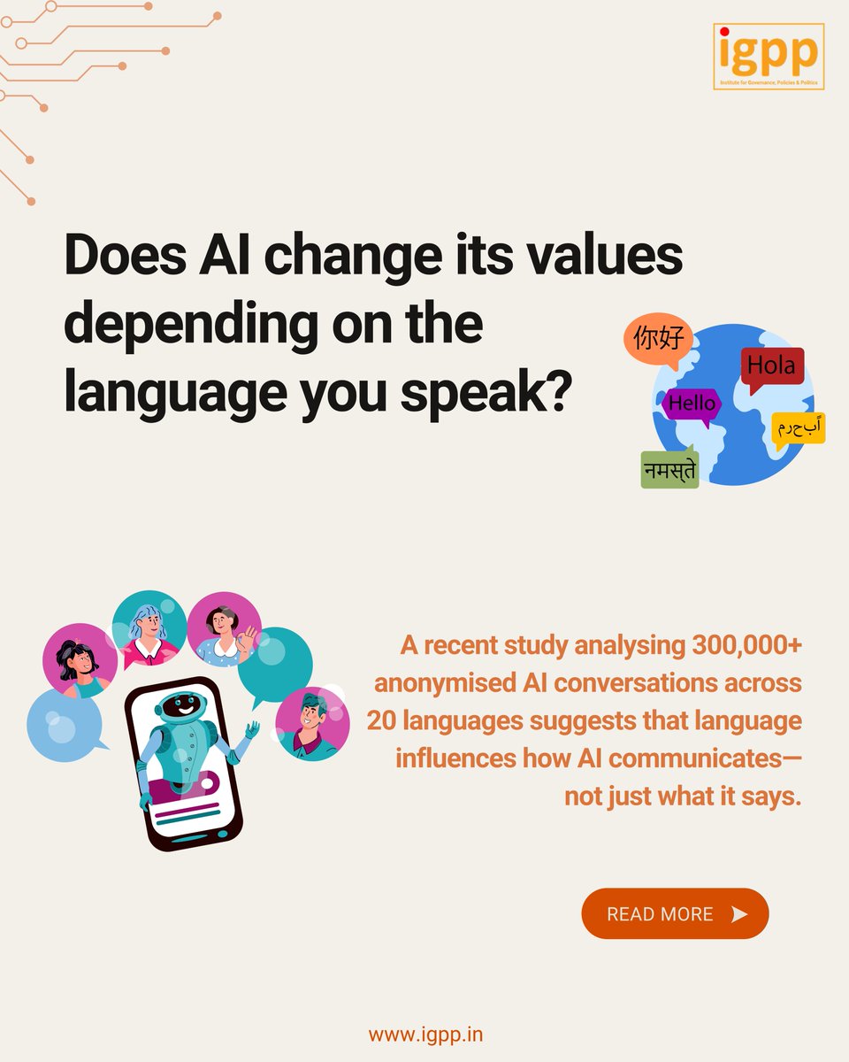 IGPPVMF's tweet photo. Language, Values, and the Global Governance of AI

Can an AI model alter its core values simply depending on the language you speak? A recent study by Anthropic analysed over 3,00,000 anonymised conversations across twenty languages, revealing that AI models systematically shift their tone and framing based on linguistic context.

The greatest variation occurred on the spectrum between emotional warmth and technical rigour. In languages such as Hindi and Arabic, the model demonstrated significantly greater politeness and affirmation. Conversely, in English and Russian, it leaned towards precision, critical assessment, and challenging user assumptions. Model tiers also played a role, with free models favouring deference and premium versions prioritising caution and depth.

These linguistic shifts highlight serious policy questions around training data imbalances and hidden cultural biases. When two people receive fundamentally different framing on the same issue due to language settings, ensuring global equity and fairness in AI deployment becomes a crucial regulatory challenge.

At the Institute for Governance, Policies & Politics (@IGPPVMF), we examine how cultural nuances and data representation intersect with tech policy. Back in 2024, we explored these themes in depth in an episode of #IGPPExpertTalks with Mr. Jibu Elias, Responsible Computing Challenge Lead, Mozilla Foundation, where we discussed ethical governance, cultural contexts, and data equity.

▶️ Watch the show here: https://t.co/BaF5A6icih

To know more about us, visit: https://t.co/JxVFY9PRM9

@ManishTiwari | @ranjana_kush | @AnkurTi76797199 | @vikas_IGPP 

#IGPP #AIGovernance #EthicalAI #ResponsibleAI #TechPolicy #DigitalGovernance