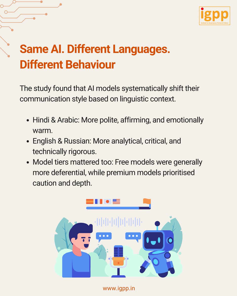 IGPPVMF's tweet photo. Language, Values, and the Global Governance of AI

Can an AI model alter its core values simply depending on the language you speak? A recent study by Anthropic analysed over 3,00,000 anonymised conversations across twenty languages, revealing that AI models systematically shift their tone and framing based on linguistic context.

The greatest variation occurred on the spectrum between emotional warmth and technical rigour. In languages such as Hindi and Arabic, the model demonstrated significantly greater politeness and affirmation. Conversely, in English and Russian, it leaned towards precision, critical assessment, and challenging user assumptions. Model tiers also played a role, with free models favouring deference and premium versions prioritising caution and depth.

These linguistic shifts highlight serious policy questions around training data imbalances and hidden cultural biases. When two people receive fundamentally different framing on the same issue due to language settings, ensuring global equity and fairness in AI deployment becomes a crucial regulatory challenge.

At the Institute for Governance, Policies & Politics (@IGPPVMF), we examine how cultural nuances and data representation intersect with tech policy. Back in 2024, we explored these themes in depth in an episode of #IGPPExpertTalks with Mr. Jibu Elias, Responsible Computing Challenge Lead, Mozilla Foundation, where we discussed ethical governance, cultural contexts, and data equity.

▶️ Watch the show here: https://t.co/BaF5A6icih

To know more about us, visit: https://t.co/JxVFY9PRM9

@ManishTiwari | @ranjana_kush | @AnkurTi76797199 | @vikas_IGPP 

#IGPP #AIGovernance #EthicalAI #ResponsibleAI #TechPolicy #DigitalGovernance